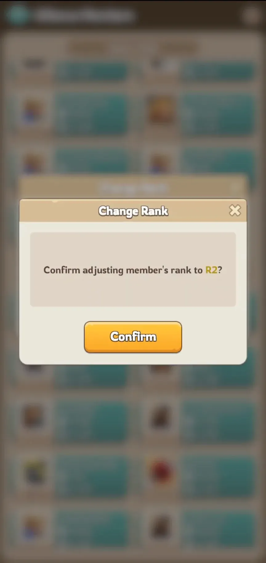 Kingshot Change Rank dialog asking to confirm adjusting a member's rank, with the member list dimmed behind it