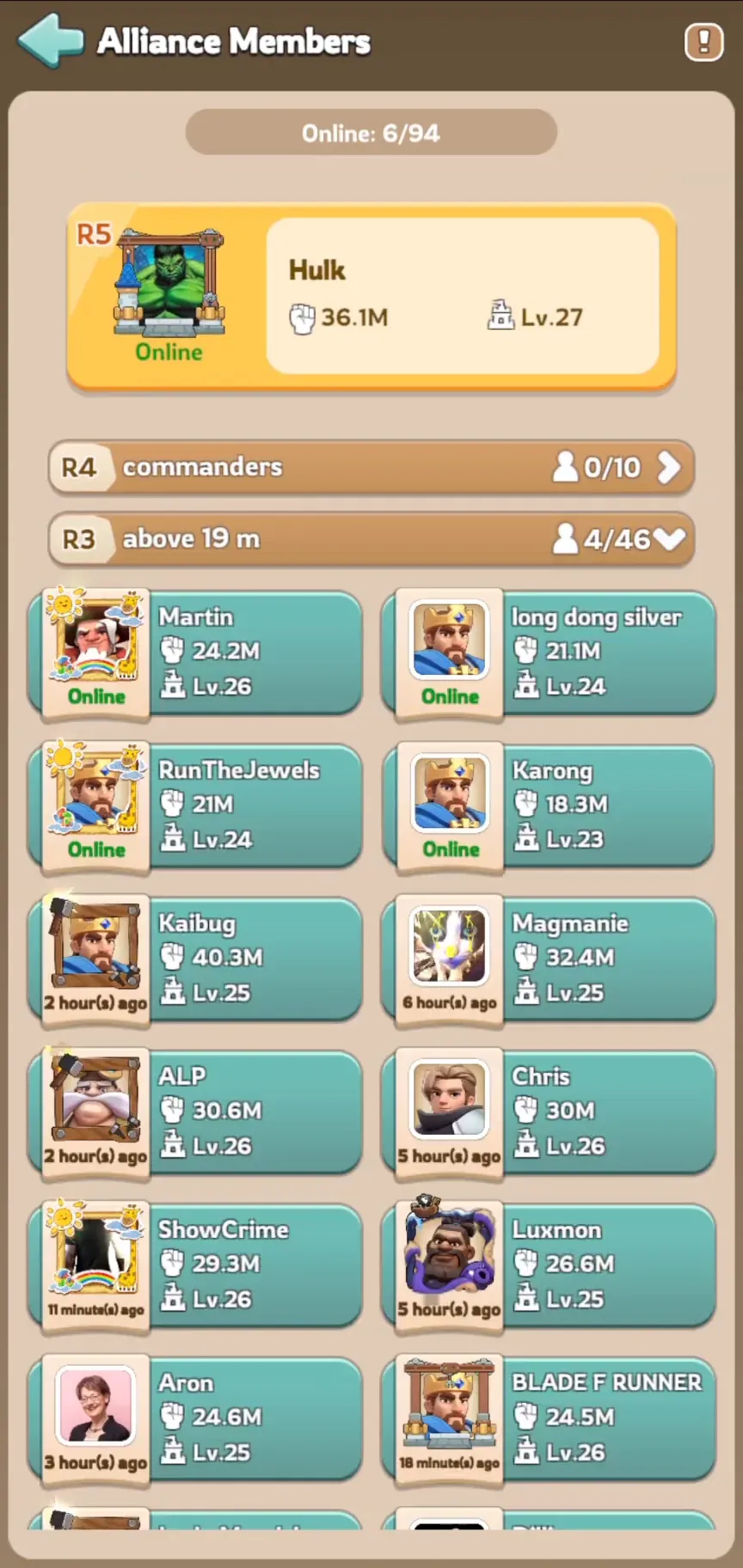 Kingshot Alliance Members screen with the R5 pinned at the top and the R4 and R3 groups below, each showing its own label and member count