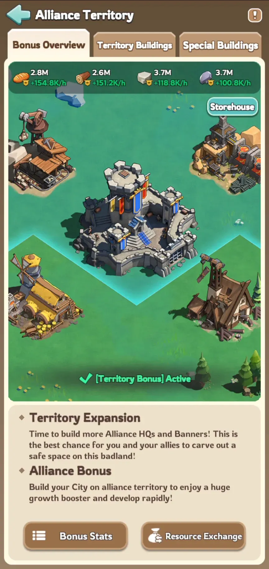 Kingshot Alliance Territory screen with the alliance HQ, surrounding territory buildings and the hourly resource rates