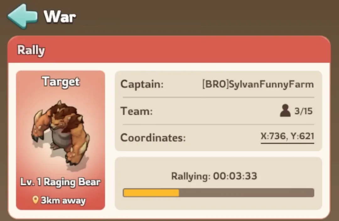 Kingshot War rally panel showing the rally captain, team size and the rallying countdown before an attack on the Raging Bear