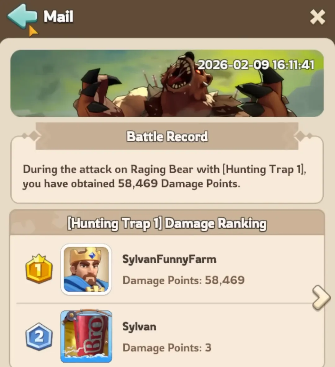 Kingshot mail battle record for an attack on the Raging Bear with Hunting Trap 1, listing each player's damage points from the trap ranking