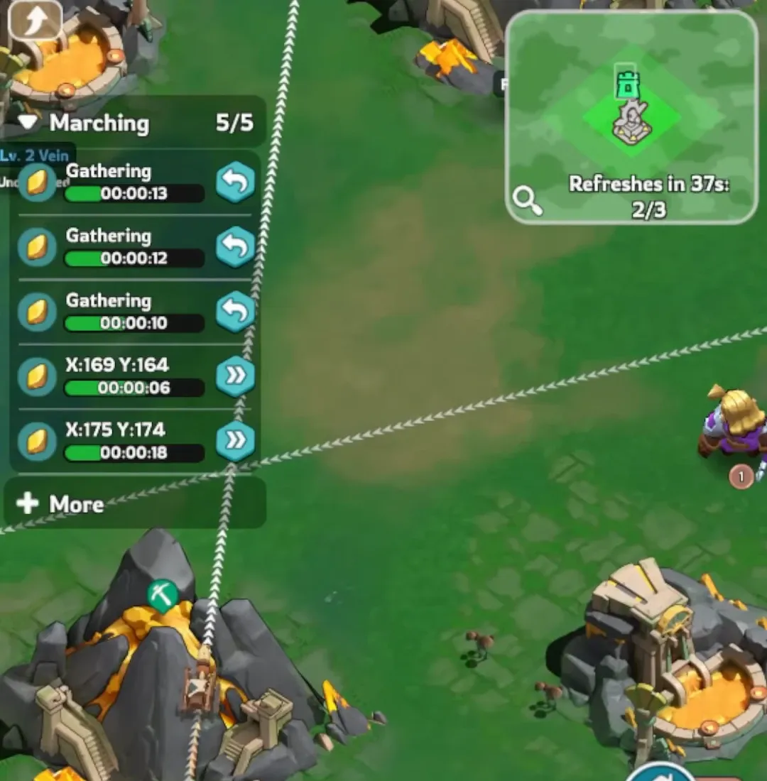 Kingshot world map during Eternity's Reach showing five simultaneous gathering marches and a resource node reading Refreshes in 37s: 2/3