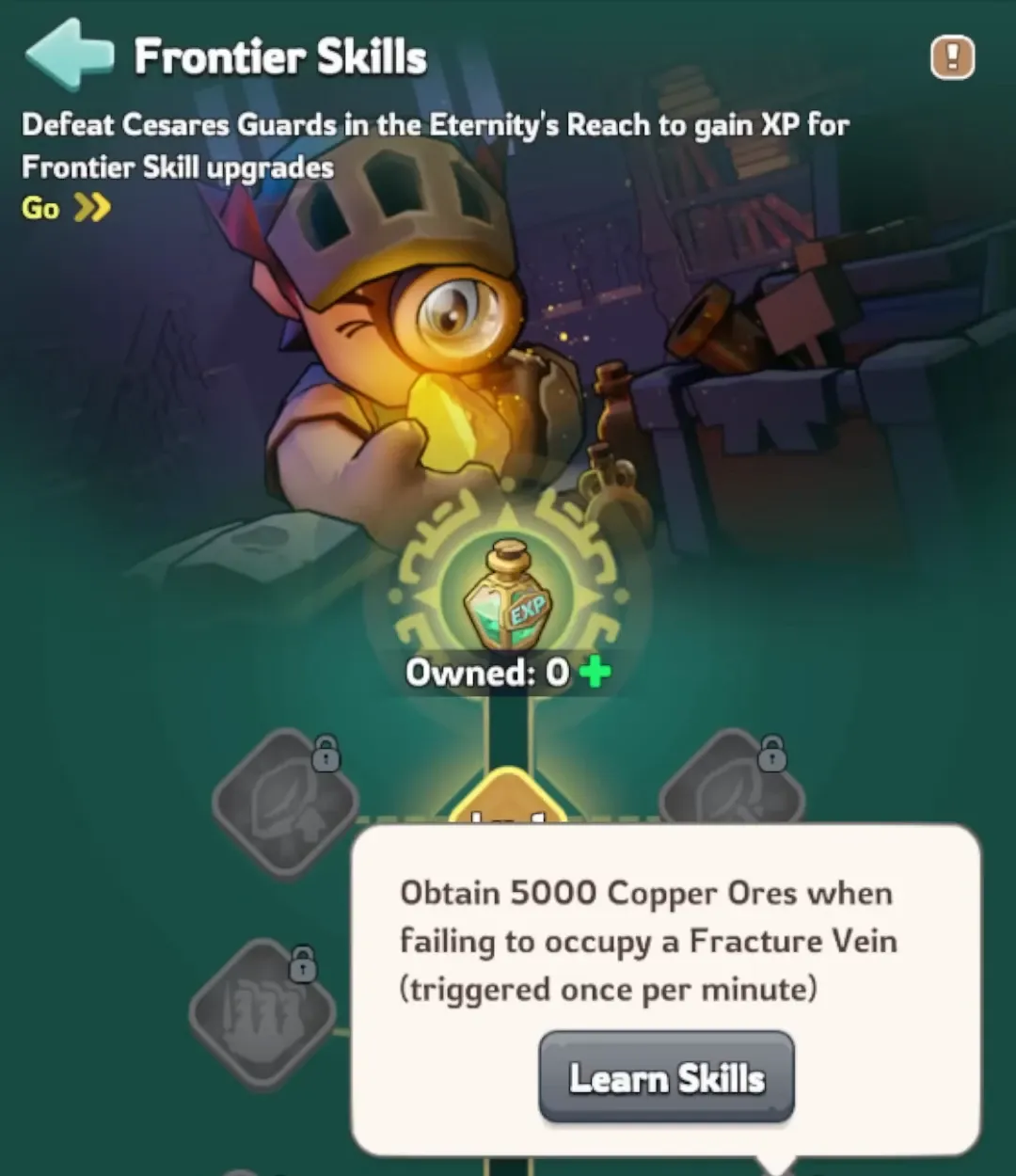 Kingshot Frontier Skills tree for Eternity's Reach with the level 3 tooltip open, reading Obtain 5000 Copper Ores when failing to occupy a Fracture Vein, triggered once per minute