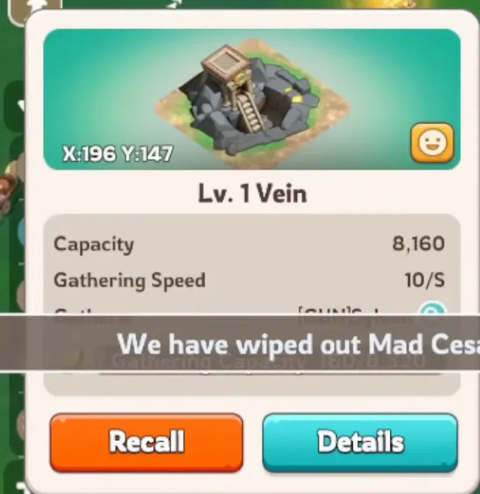 Kingshot Eternity's Reach Level 1 Vein card showing 8,160 capacity, 10 per second gathering speed, and the Recall and Details buttons
