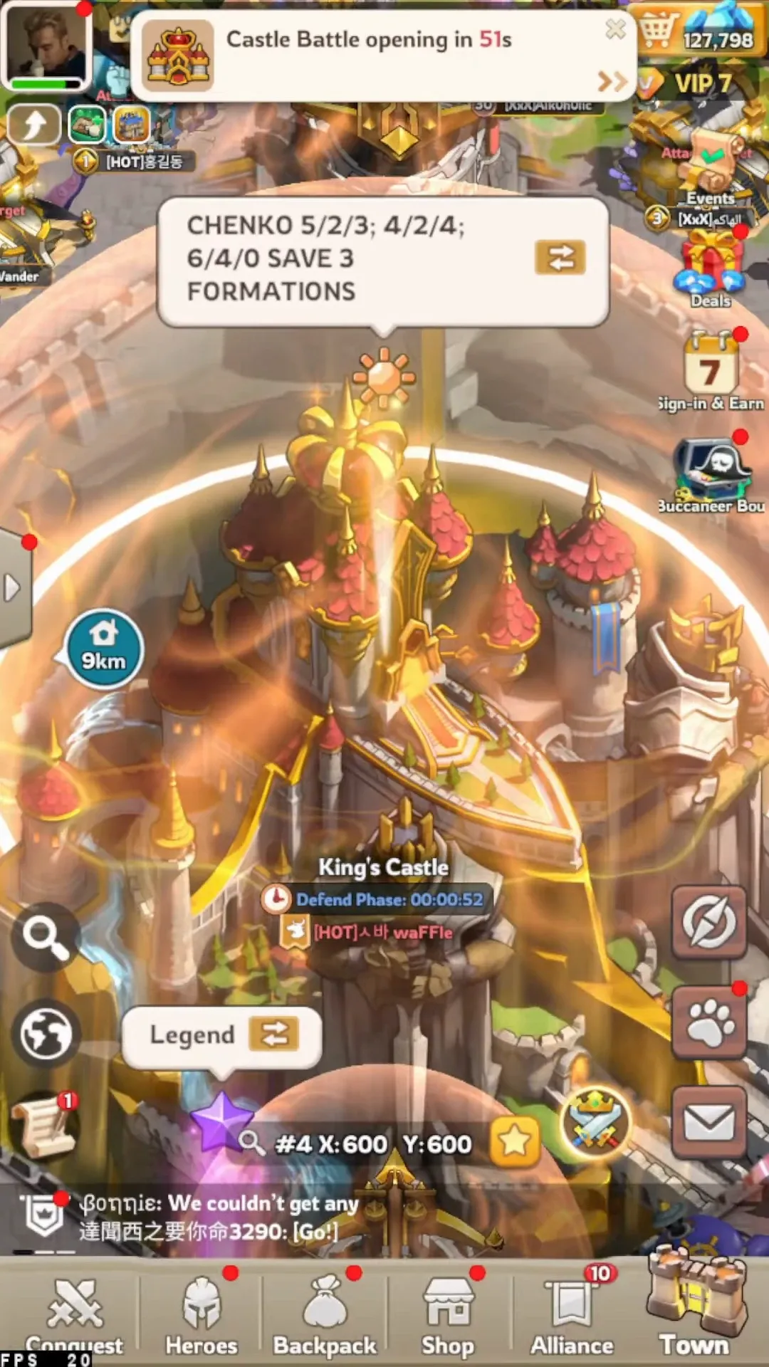 Kingshot King's Castle during the Castle Battle, with a Defend Phase countdown timer and the current occupying alliance name