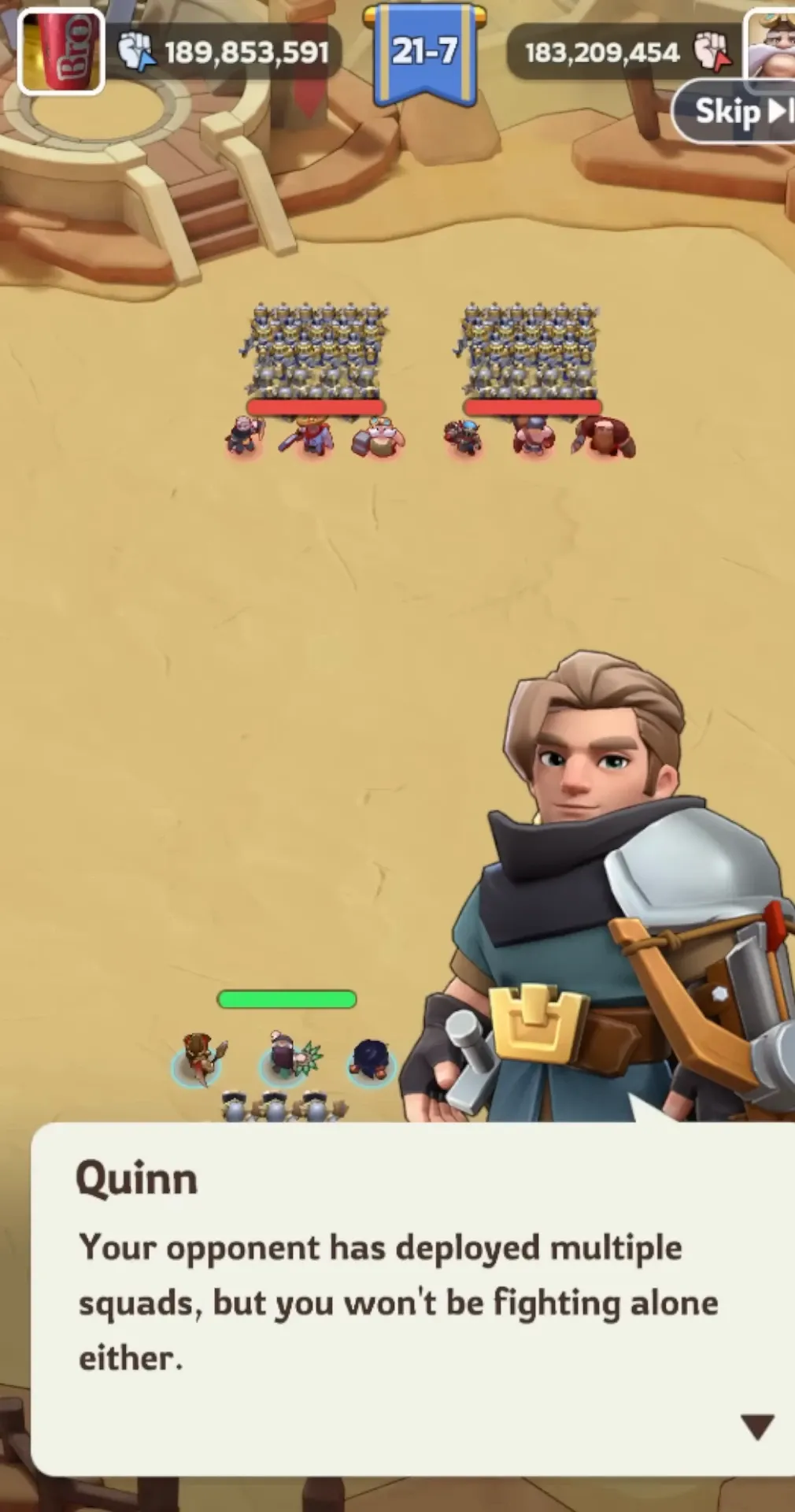 Two Kingshot troop squads facing off before a Mystic Trial battle, each with a three-hero lineup shown below its formation