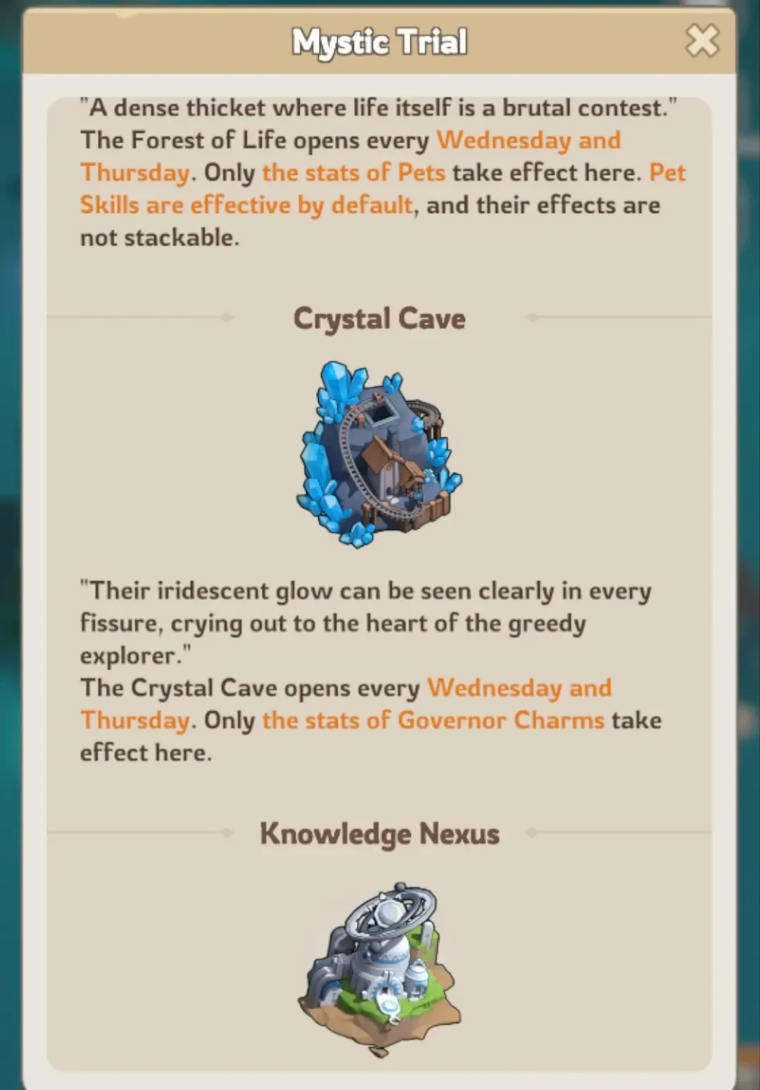 Kingshot Mystic Trial info panel describing the Crystal Cave and Knowledge Nexus zones, their open days and which stats take effect