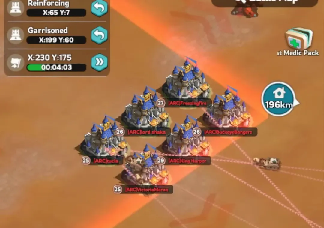 Kingshot world map showing six alliance castles reinforcing each other in a tight cluster during Swordland Showdown, with the marching panel listing garrisoned and reinforcing troops