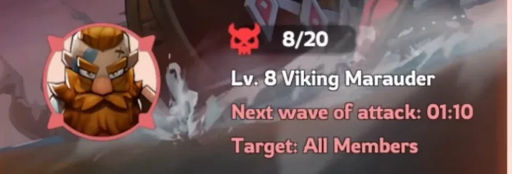 Kingshot Viking Vengeance event panel showing wave 8 of 20, a level 8 Viking Marauder, the countdown to the next wave, and the target line reading All Members